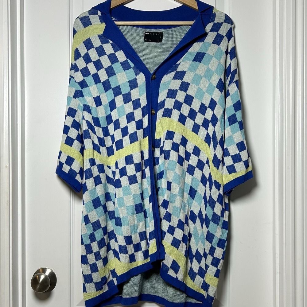 ASOS Design Blue Warped Checkerboard Camp Collar Knit Shirt Indie Sleaze Style